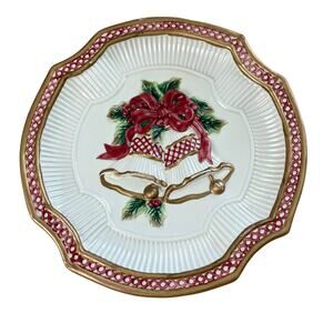 Fitz and Floyd Holiday Bells Canape Snack Cookie Plate Christmas 8 3/4" Gold Red